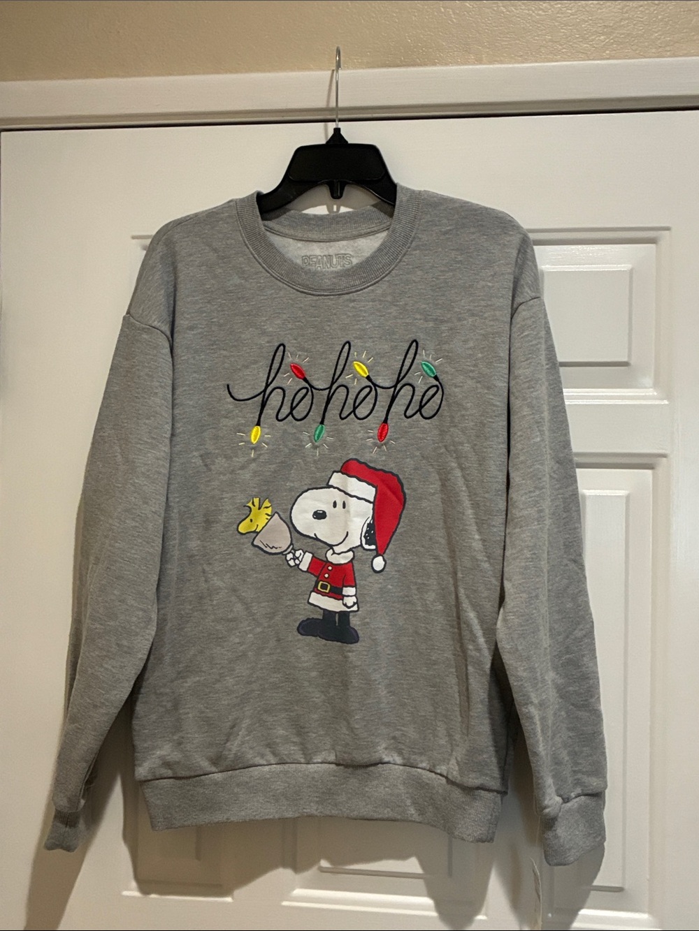 Peanuts Gray Snoopy 'Ho Ho Ho' embroidered wording Crewneck with Holiday Lights